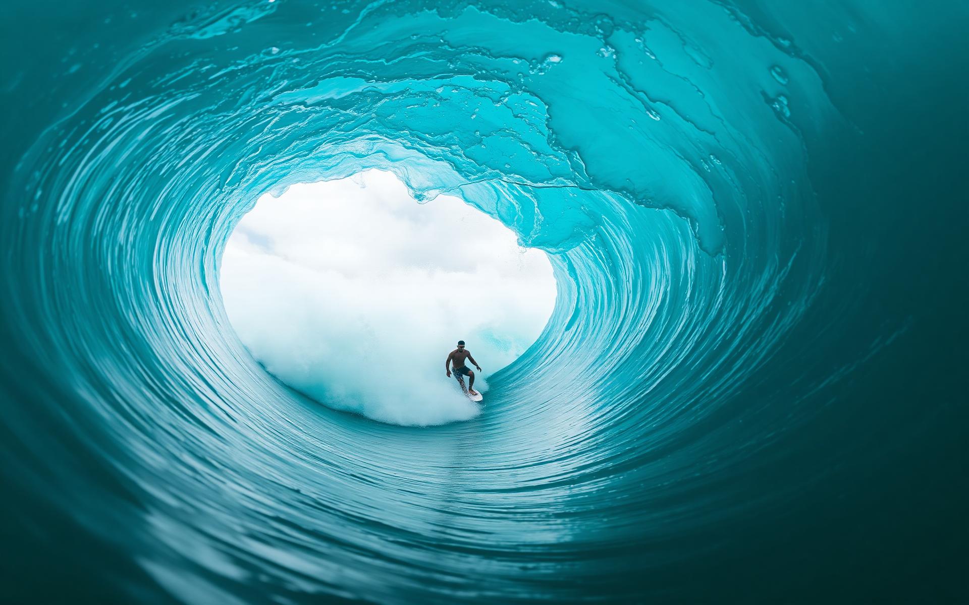 Surfer riding a barrel wave